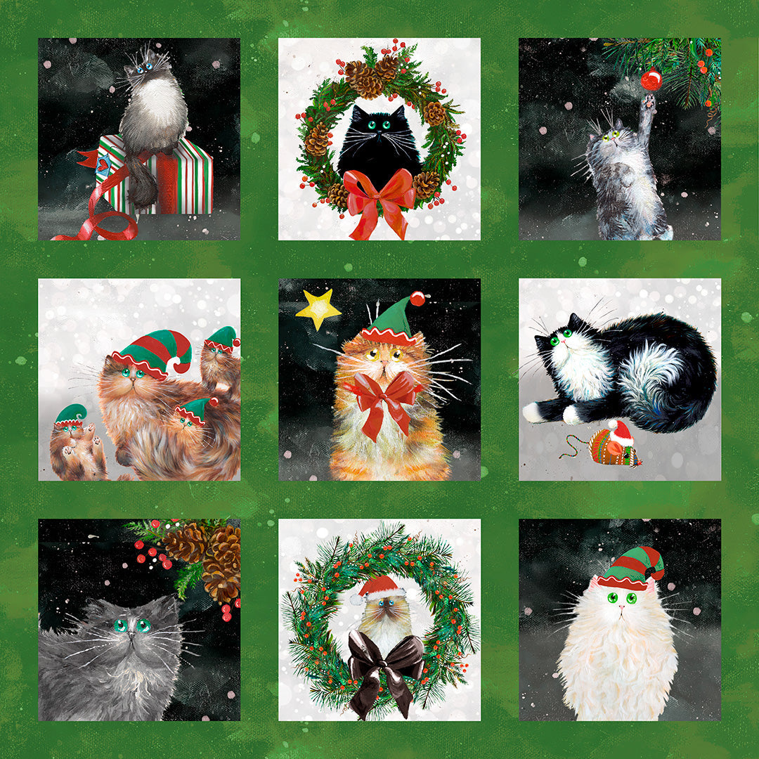MEOWY CHRISTMAS Festive Felines Panel pine 28"x43"