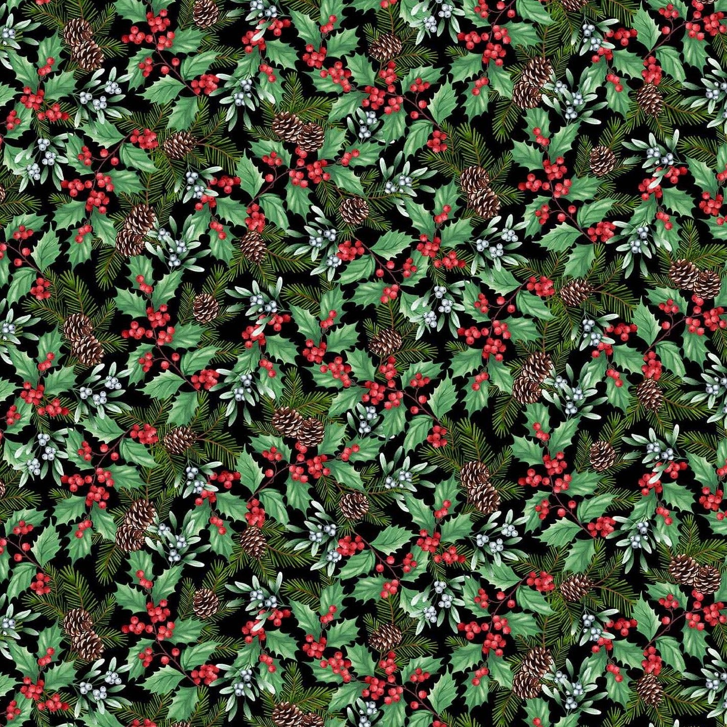 BLOOMS OF THE HOLIDAY Holly Berries & Mistletoe black multi
