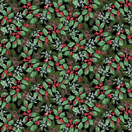 BLOOMS OF THE HOLIDAY Holly Berries & Mistletoe black multi