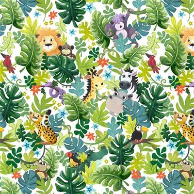 JUNGLE FRIENDS Packed Animals white - 1 YARD CUT