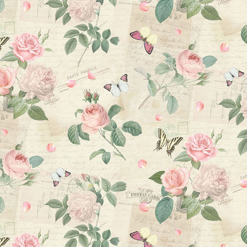 ROSE JARDIN Roses & Butterflies on Postcards cream