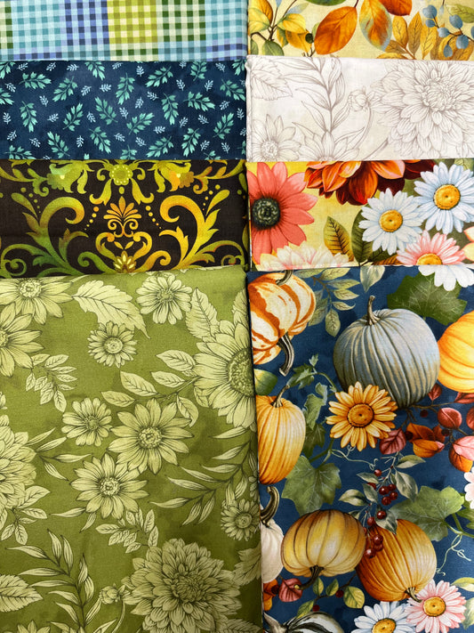BASKETS OF AUTUMN BLESSINGS Blue 8 Fat Quarters