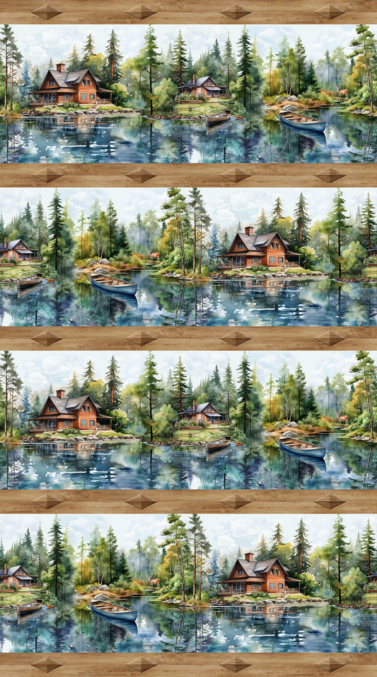LAKESIDE RETREAT Border Stripe brown multi - 1 Yard cuts