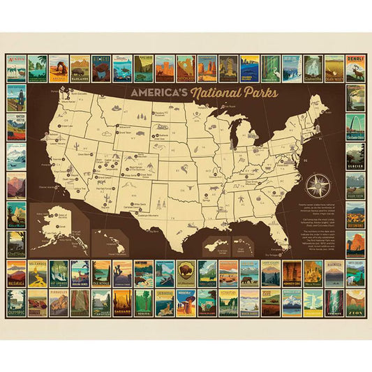 NATIONAL PARKS USA Horizontal Map Poster Panel 43"x36"