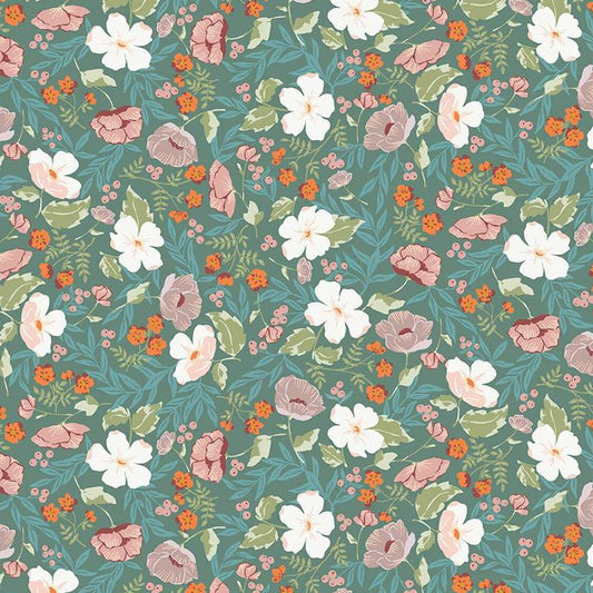 WINGED MELODY Boho Blooms teal -1 yd cuts