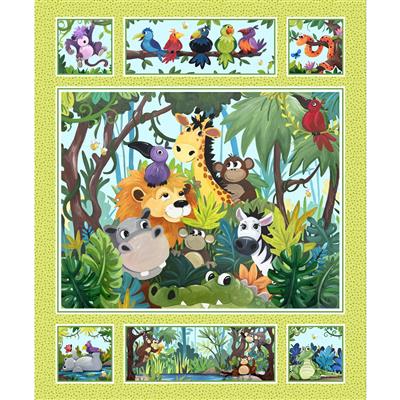 JUNGLE FRIENDS 36"x42" Quilt Panel Lime